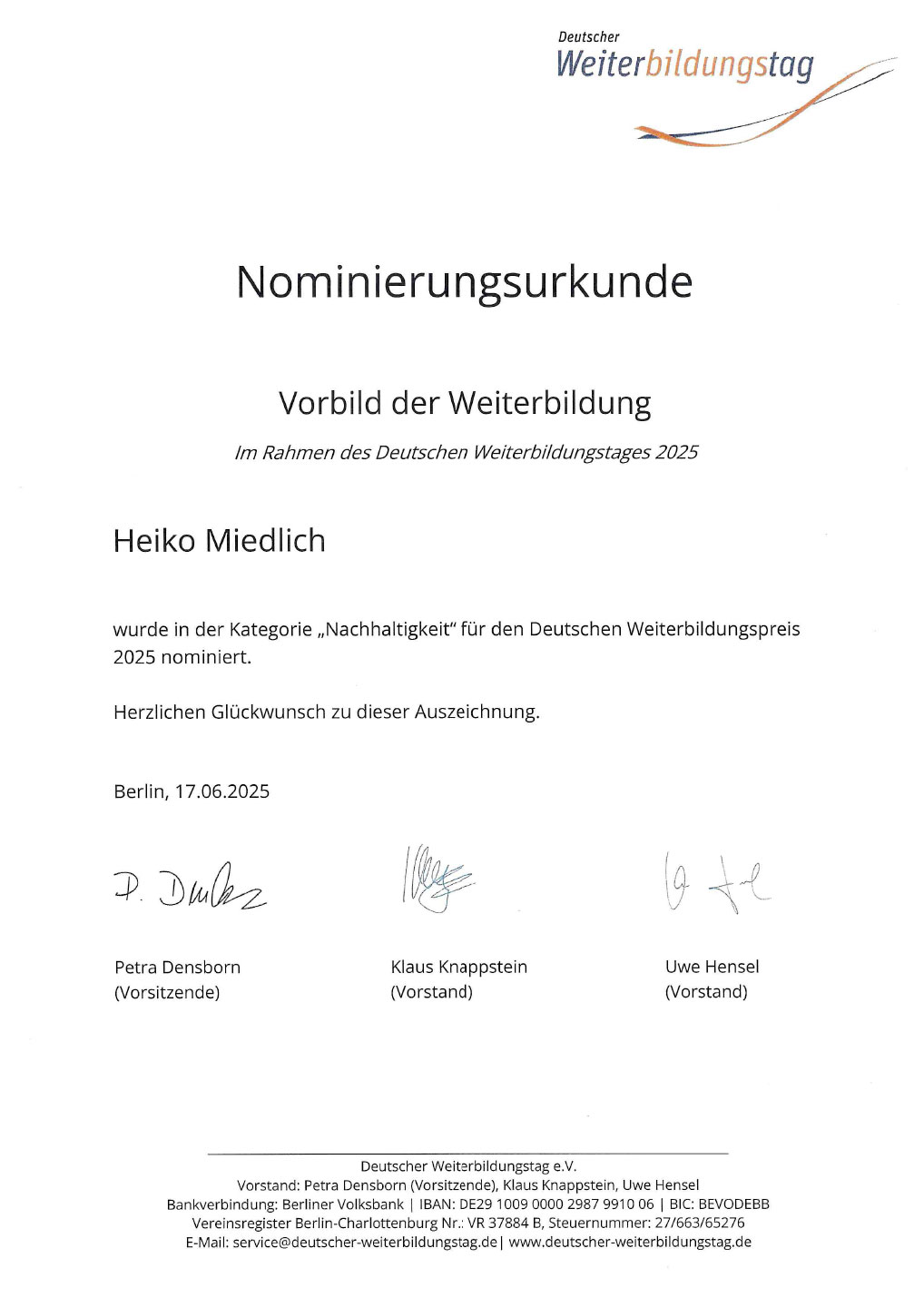 Weiterbildungstag Urkunde